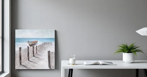 Miniatura 7 de Yihui Arts - Lienzo decorativo para pared de playa con diseño de bote azul y gris costero náutico cuadrado, pintura artística para decoración