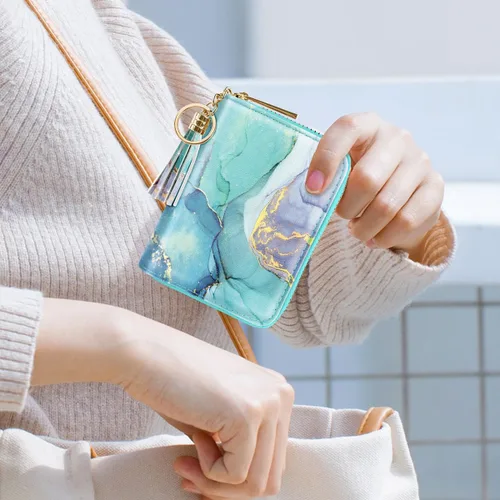 Miniatura 7 de Coco Rossi Billetera pequeña para tarjetas de crédito RFID con purpurina linda para mujer, C mármol verde