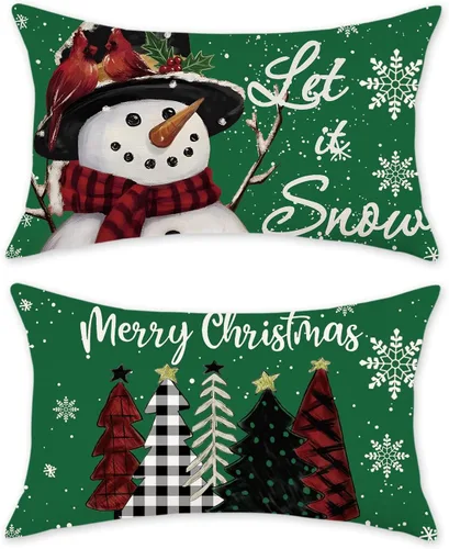 Miniatura 11 de TAJWE Fundas de almohada navideñas de 12x20, juego de 2, deja caer la nieve, muñeco de nieve, árboles de Navidad, fundas de cojín lumbares negras