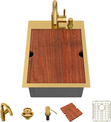 Miniatura 38 de Lordear - Fregadero de barra – Fregadero de barra dorado de 13 x 15 pulgadas con grifo dispensador de jabón, estación de trabajo, calibre 16 T304
