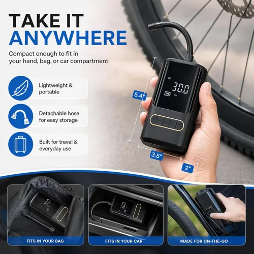 Miniatura 2 de Compresor de aire portátil para bicicleta: mini bomba eléctrica para neumáticos con apagado automático, compatible con múltiples válvulas, inflador