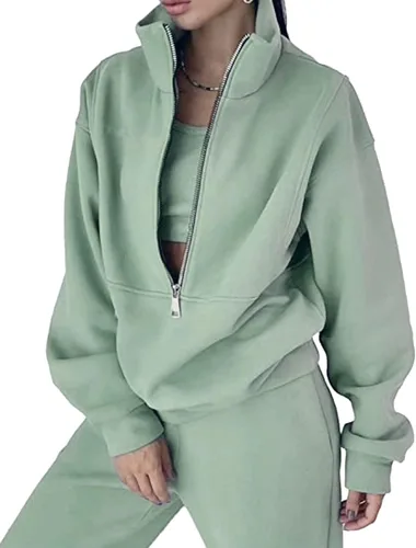 Miniatura 16 de PEHMEA Conjunto deportivo de 2 piezas de otoño para mujer, con forro polar, holgado, manga larga, media cremallera, cómodo conjunto de descanso