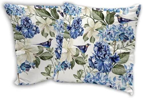 Juego de 2 fundas de almohada de 18 x 18 pulgadas con diseño de acuarela de hortensias de pájaro, fundas de almohada decorativas de doble cara para