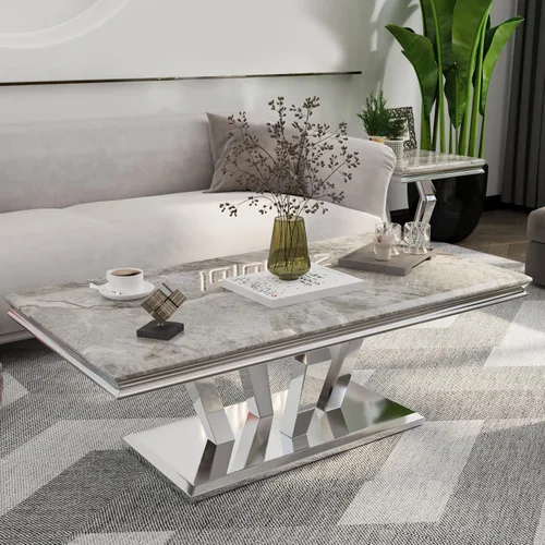 Miniatura 4 de ACEDÉCOR Mesa auxiliar, mesa de centro plateada con cuatro bases geométricas de espejo, mesa auxiliar rectangular con marco de metal resistente