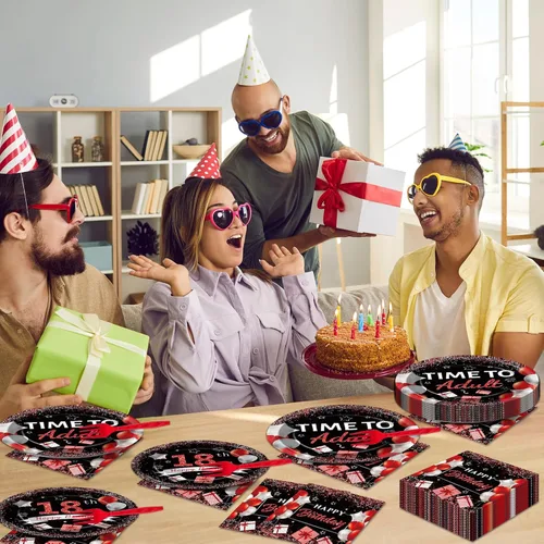 Miniatura 6 de gisgfim 96 piezas de suministros para fiesta de cumpleaños de 18 años, platos de papel, servilletas, hora de ser adulto, rojo y negro, juego