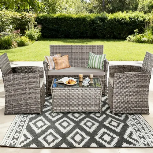 Juego de muebles de patio de 4 piezas, juegos de conversación de mimbre al aire libre, sofá seccional de ratán con mesa de centro y cojines de