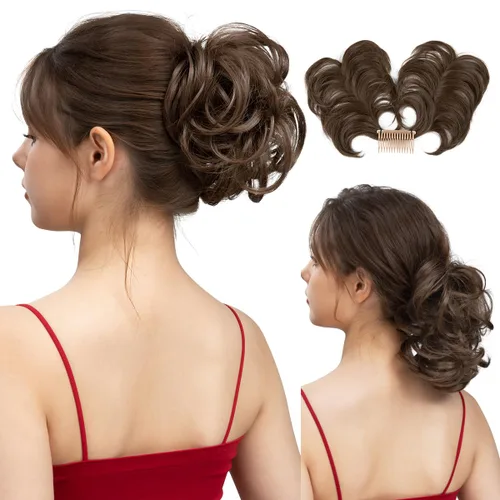 Miniatura 45 de Postizo de Cabello de Moño Despeinado con Peine Lateral Clip en Postizo de Moño para Mujeres Corto Natural Liso Versátil Estilos Ajustables Piezas