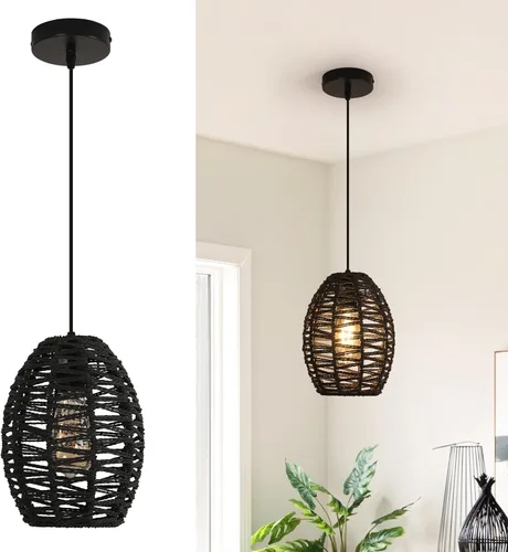 Miniatura 10 de DELIPOP Lámpara colgante, araña de ratán tejida a mano, luces colgantes ajustables bohemias para sala de estar, comedor, cocina, dormitorio, granja