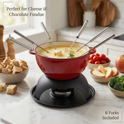 Miniatura 2 de Artestia Olla de fondue de hierro fundido para chocolate, olla de fondue de queso de 5 tazas con 6 tenedores de colores para fiesta de fondue, 4-6