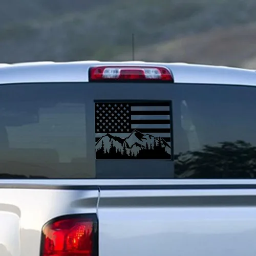 Adhesivo para ventana trasera media de Chevy Silverado Sierra 2004-2018 Bandera de Estados Unidos de montaña de vinilo adhesivos mate negro