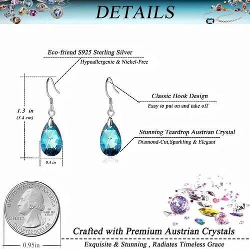 Miniatura 89 de Aretes colgantes de cristal austriaco con forma de lágrima para mujer, joyería hipoalergénica de plata de ley 925