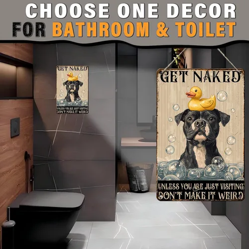 Miniatura 4 de PEACHGARDEN Cartel de Metal Gracioso para Baño Pitbull Letrero de "Póngase Desnudo" Arte de Perro para Pared Decoración de Baño Letrero para Inodoro