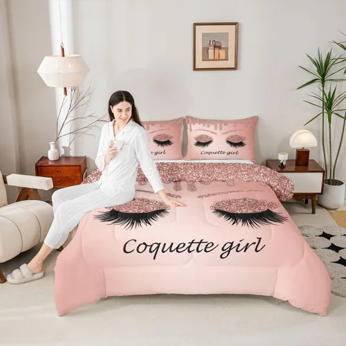 Miniatura 4 de Erosebridal Juego de edredón de pestañas, juego de ropa de cama de maquillaje femenino para niñas y mujeres, decoración de dormitorio de oro rosa