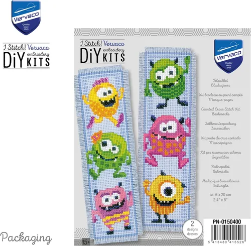 Miniatura 3 de Vervaco Kit de marcapáginas de punto de cruz Little Monsters (juego de 2) 2.4 x 8 pulgadas
