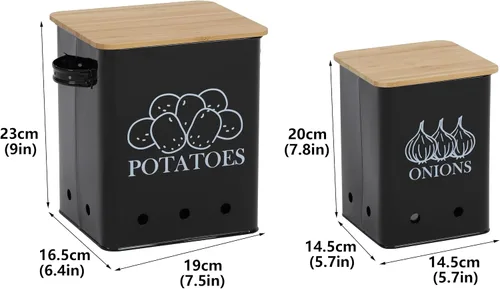 Miniatura 3 de Juego de 2 latas de almacenamiento de verduras de cocina, cebolla y papas con tapa de madera y agujeros de aireación, organizador de contenedor