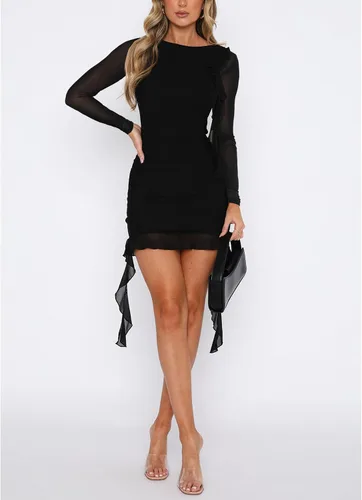 Miniatura 8 de HYPERFIRE Minivestido ajustado de malla con volantes y manga larga con cuello redondo y espalda abierta para mujer