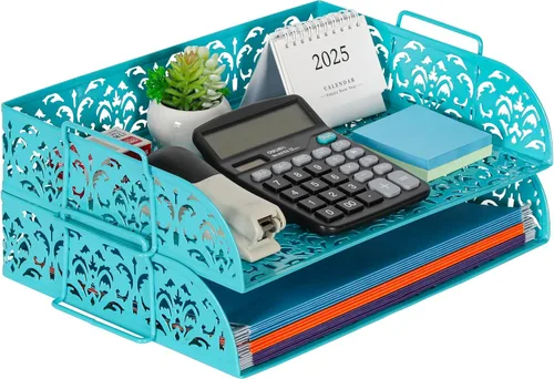 Miniatura 12 de EasyPAG, charola para escritorio de 2 niveles para cartas, diseño calado de flores, Negro
