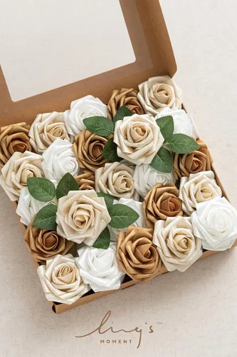 Miniatura 5 de Ling's moment Flores Artificiales 25 Piezas Rosas Doradas Decorativas con Tallos, 3 pulgadas de Tacto Real DIY Espuma Floral para Ramo de Wht- Oro