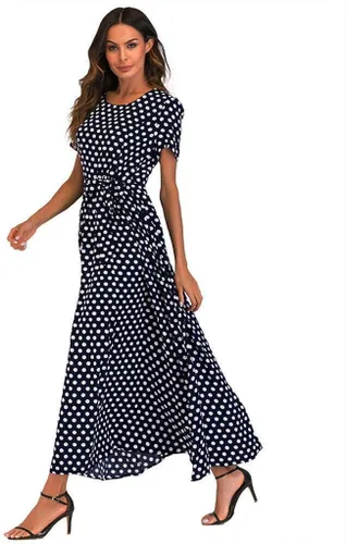 Miniatura 3 de Sunkessety - Vestido largo de verano con cuello redondo y manga corta con cinturón, elegante para fiesta