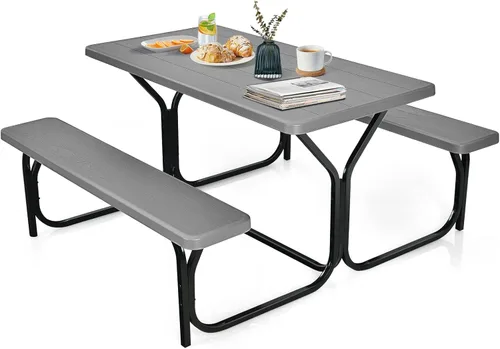 Miniatura 9 de HAPPYGRILL Juego de mesa de picnic al aire libre con marco de metal y superficie resistente a todas las condiciones climáticas, juego de mesa