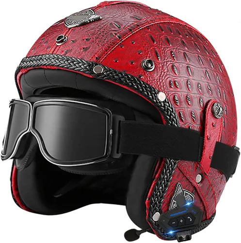 Miniatura 8 de Casco retro de motocicleta con Bluetooth, casco de cuero Jet con gafas personalizadas, medio casco de motocicleta 3/4 aprobado por DOT, casco