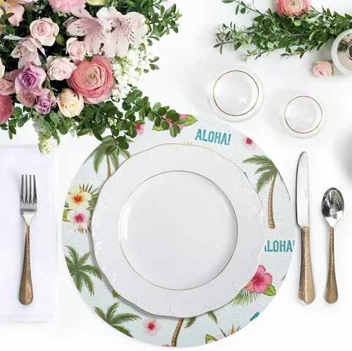 Miniatura 5 de Tropical Palm Hibiscus White Round Table Placemats, Heat Resistant Non Slip Washable Table Mats Set for Kitchen one sizex6