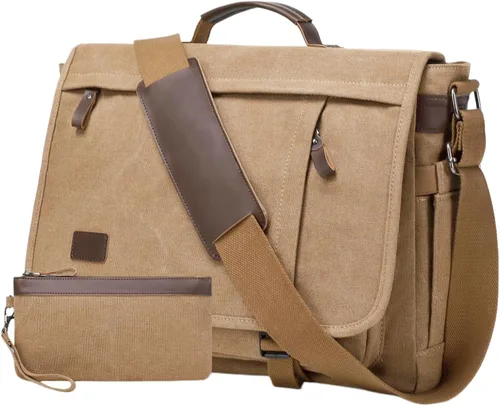 Miniatura 10 de Bolso de Mensajero de 17.3 Pulgadas para Hombre: 2 Piezas Bolso para Laptop de Cuero PU y Tela de Lona Maletín de Trabajo Grande para Oficina