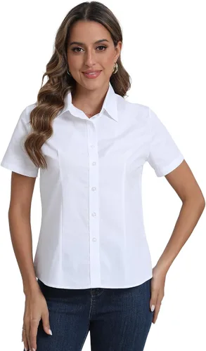SUNNOW Blusa de manga corta con botones para mujer, sin arrugas, para oficina, formal, para trabajo