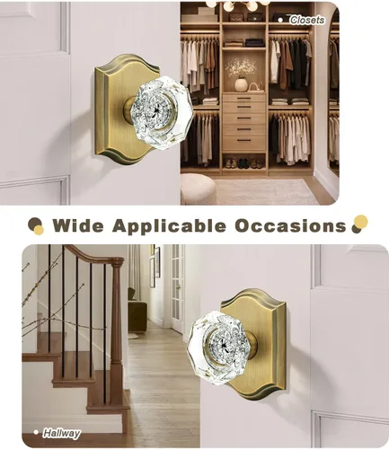 Miniatura 3 de Gobrico Paquete de 5 pomos de puerta de cristal de paso en latón antiguo para pasillo, armario, lavandería, forma octágono transparente, sin llave