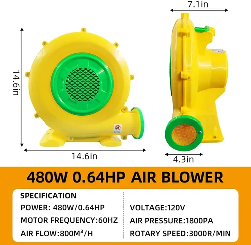 Miniatura 2 de Soplador de aire de 480 W, 0.64 HP, potente soplador inflable de casa de rebote, bomba de ventilador eléctrico portátil perfecta para casa