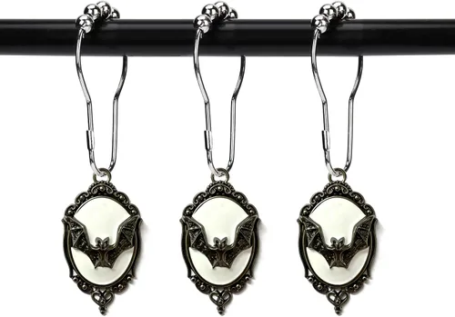 Miniatura 8 de Juego de 12 anillos de ganchos para cortina de ducha, murciélagos vampiros góticos, suministros para fiesta de Halloween, decoración de casa Fondo