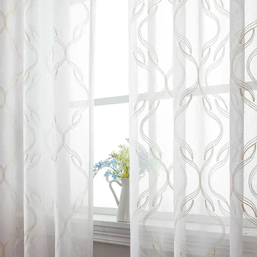 Miniatura 12 de VISIONTEX Cortinas traslúcidas blancas de 63 pulgadas de largo, juego de 2 paneles de bordado marroquí con puntos beige, tela de gasa bordada