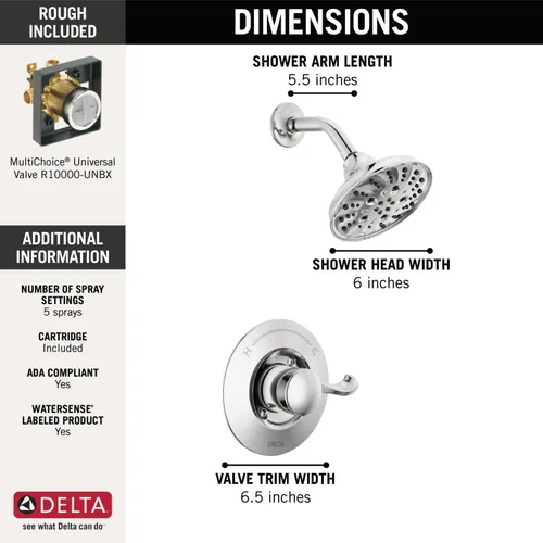 Miniatura 3 de Delta Faucet Esato Serie 14 - Grifo de ducha cromado monomando, kit de molduras de ducha con cabezal de ducha cromado H2Okinetic de 5