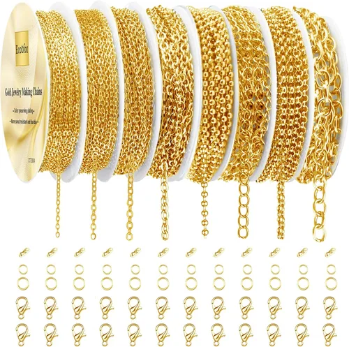 Ecoofor Cadenas de collar de oro para hacer joyas, 62.3 pies, 8 rollos de cadenas de joyería para hacer collares, pulseras y joyas con anillos de