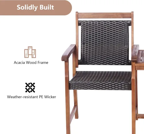 Miniatura 5 de HAPPYGRILL Patio Bistro - Juego de sillas de madera de acacia con mesa auxiliar, banco de mimbre de ratán 3 en 1 con agujero para sombrilla
