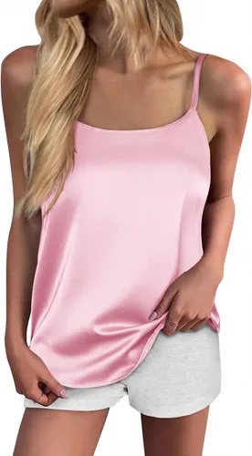 Ekouaer Camiseta sin mangas de seda para mujer, con tirantes delgados, de satén, básica, cuello redondo, espalda en Y, sedosa, tallas S-XXL
