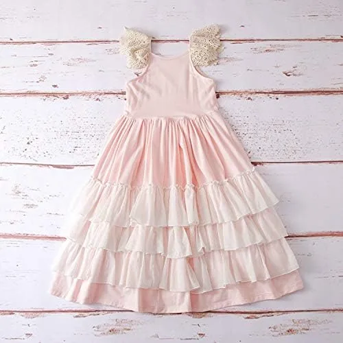 Miniatura 6 de Vestido largo bohemio con volantes para niñas, color rosa, manga de mosca, volantes, de verano, de algodón