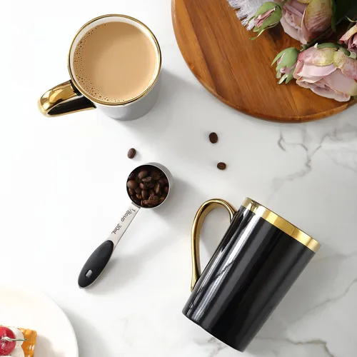 Miniatura 7 de Juego de 6 tazas de café de oro negro de 12 onzas, tazas de cerámica de porcelana con mango y borde dorados, apto para lavavajillas, regalo elegante