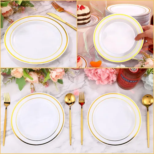 Miniatura 5 de Sieral 200 platos desechables de plástico para fiestas con borde de plástico duro, aperitivo, ensalada, postre de 7.5 pulgadas, elegante vajilla