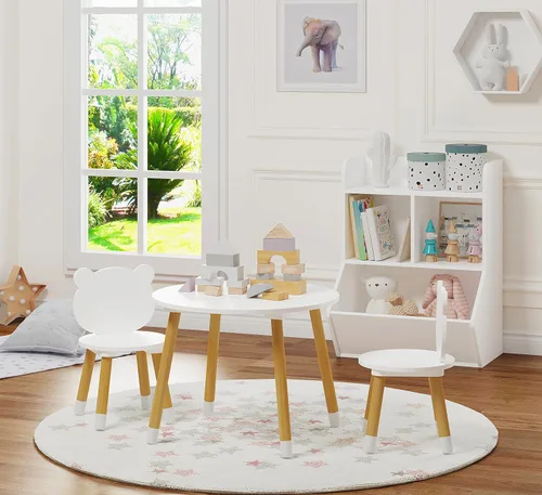 Miniatura 3 de UTEX Juego de mesa y silla de madera para niños, mesa de juego para niños con 2 sillas, mesa redonda de madera de 3 piezas para niños pequeños