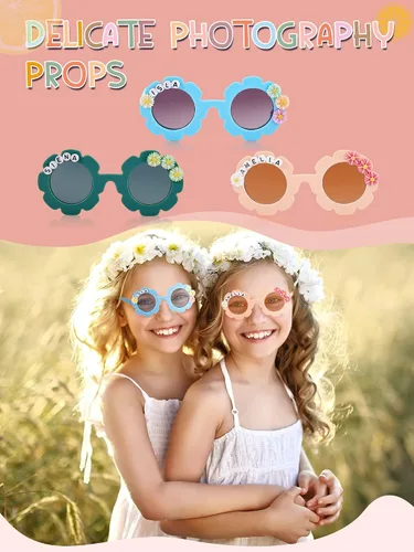 Miniatura 12 de Dunzy 10 pares de lentes de sol redondos de flores para niños, gafas de bricolaje para exteriores, con 50 margaritas, 100 cuentas de letras al azar
