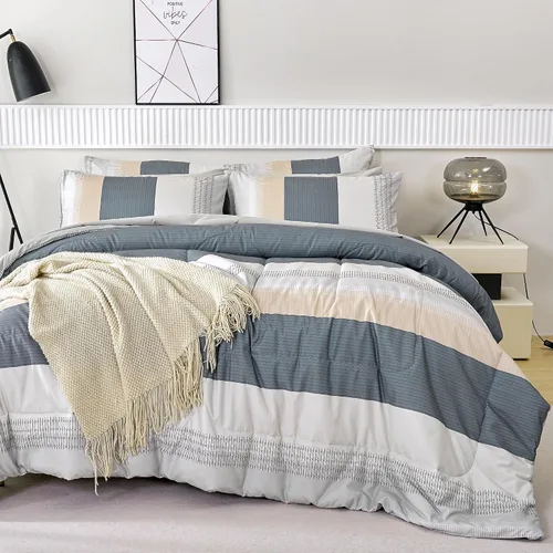 RYNGHIPY Juego de edredón de tamaño matrimonial, color beige y gris, a rayas, para hombres y niños, juego de ropa de cama suave para todas las