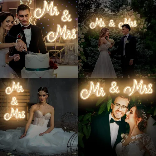 Miniatura 6 de Letrero de neón Mr and Mrs para boda de 25 x 7 pulgadas, luz de neón LED, fondo de pared, decoración de recepción de boda USB, regalos para Blanco