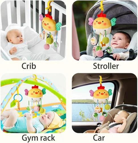 Miniatura 3 de Juguetes de Asiento de Coche Colgantes para Bebés de 0 a 6 Meses, Niño o Niña – Juguete de Bebé con Tira de Pollo, Sonajero, Espejo, BB Squeaker