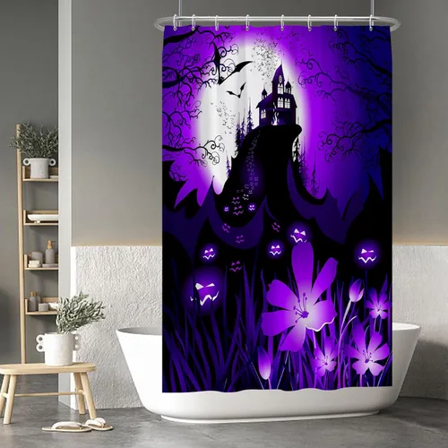 Miniatura 147 de Cortina de ducha de fantasma y gato negro para niños, 36 x 72 pulgadas, espeluznante y bonita, cortina de baño de Halloween con 6 ganchos, cortina