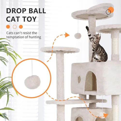 Miniatura 3 de BestPet Torre para Gatos de 54" Beige Resistente, Fácil de Ensamblar, Centro de Actividades Multinivel con Postes Rascadores de Sisal, Condos