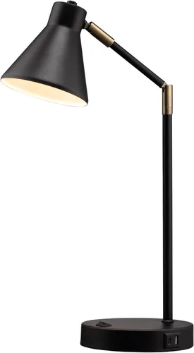 O'Bright Astrum - Lámpara de escritorio LED con puertos de carga USB duales, 100% metálica, brazos giratorios de 270 grados, luz blanca suave Negro