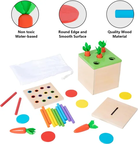 Miniatura 4 de Juguetes Montessori de madera para regalos de bebé de 1, 2 y 3 años, la caja del kit de juego incluye juegos de cosecha de zanahorias, caja