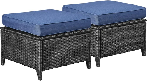 Miniatura 14 de Belord Juego de 2 taburetes otomanos de mimbre de ratán para todo tipo de clima, con cojines suaves para muebles de patio Cojín de mimbre gris