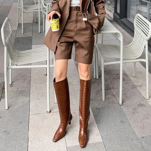 Miniatura 6 de Vertundy Botas altas hasta la rodilla para mujer, tacón bajo, pantorrilla ancha, botas altas con punta cuadrada, botines clásicos de cocodrilo